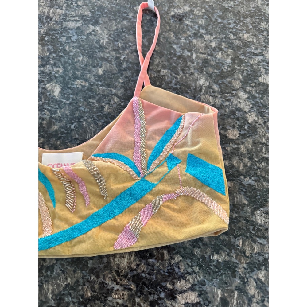 Oceanus Tamar Ombre Beaded Bikini Top Pink Yellow Mesh Sequin Luxury Swim L - Picture 3 of 8